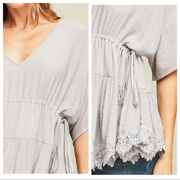 RASHIDA-Drawstring Waist Crochet Lace Hem Top - Picture 4 of 4